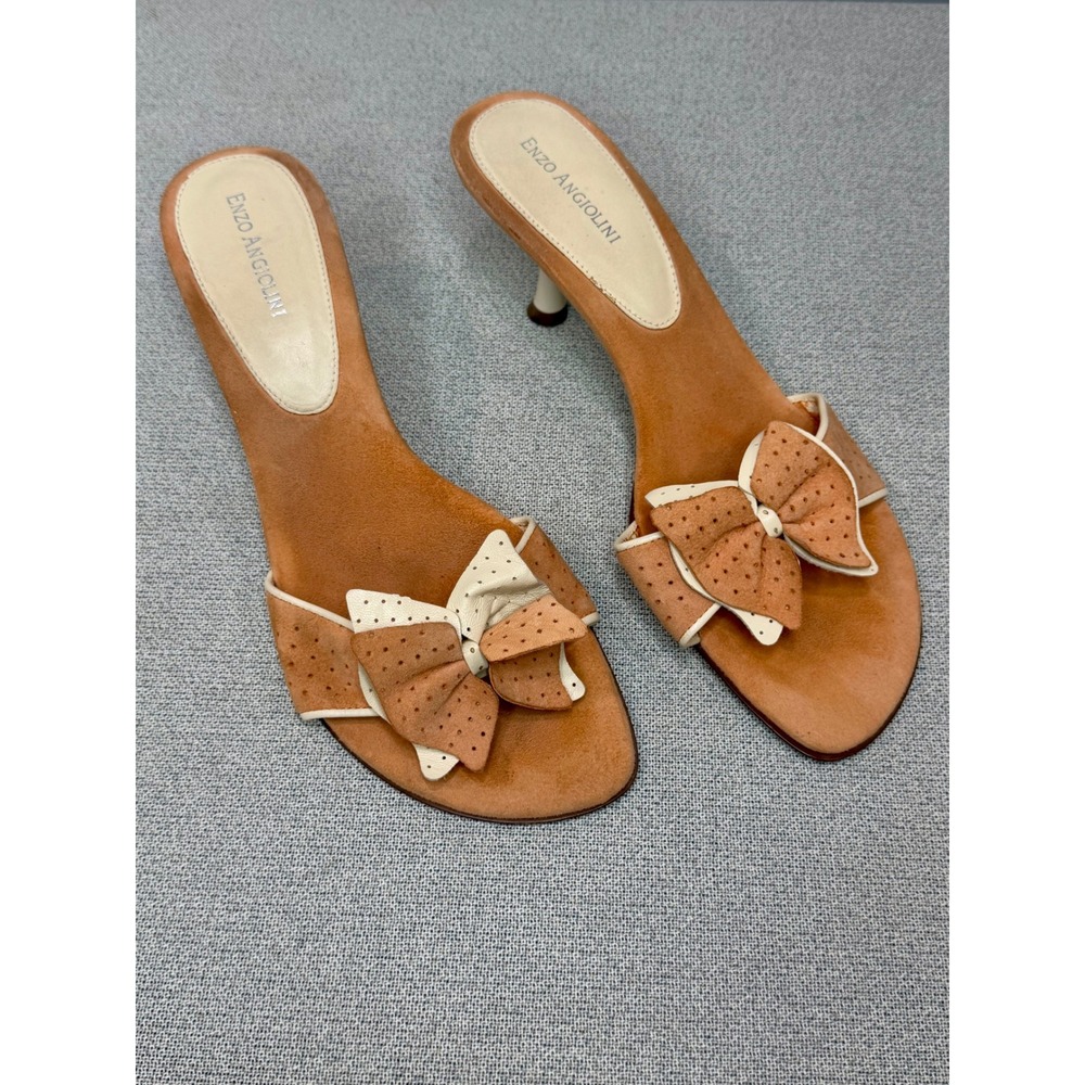 Enzo Angiolini BOBINA Tan Leather Bow Kitten Heel Mules Sandals Y2K - 10M